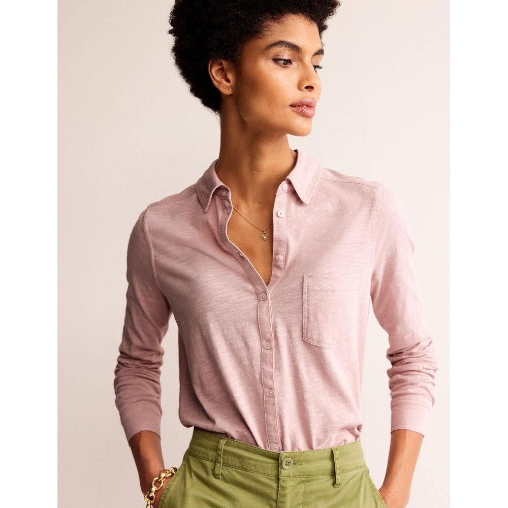 Boden | Women's Amelia Light Pink Slub Cotton Jersey Long-Sleeve Shirt